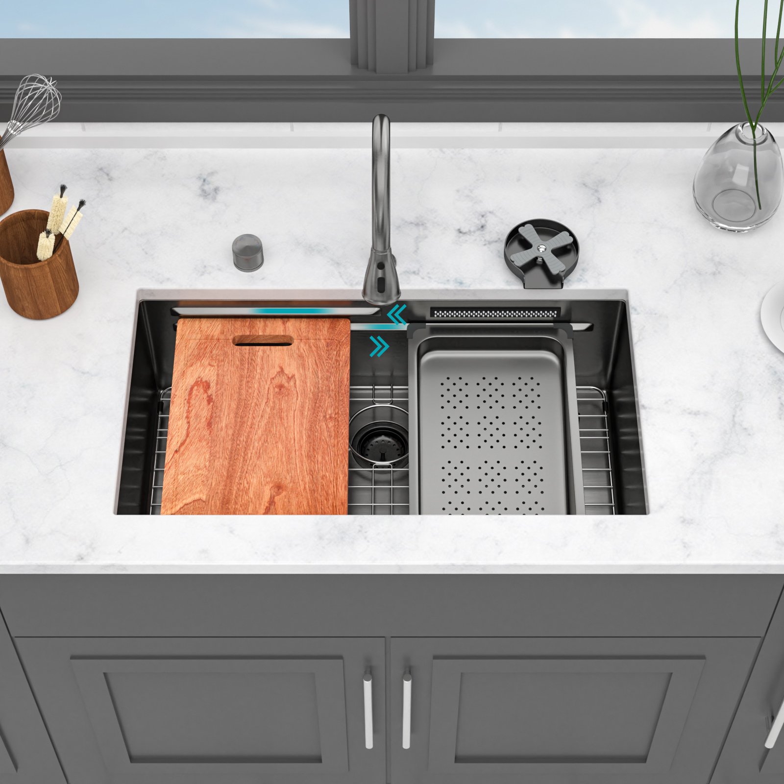 33" Undermount Stainless Steel Kitchen Sink With Pull Down Faucet & Ledge Workstation 16 Gauge T304, Single Bowl - Gunmetal Black - Image 3