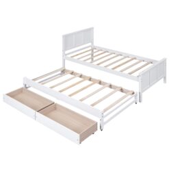 Twin Size Platform Bed With Trundle And Drawers - White