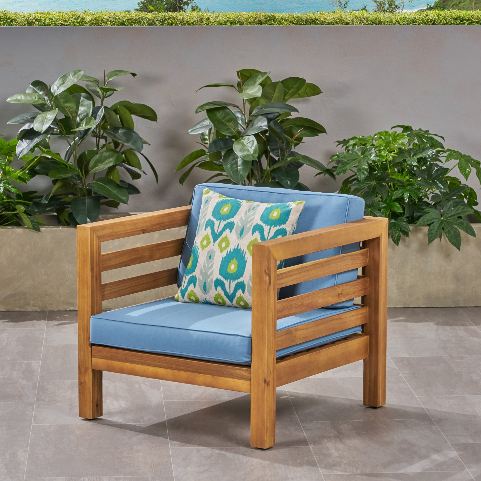 Outdoor Club Chair, Acacia Wood Patio Chair With Fabric Cushion For Backyard, Poolside, Garden Or Porch - Pecan / Blue - Image 4