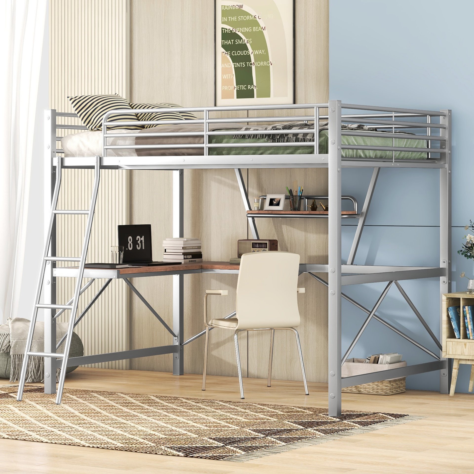 Full Size Loft Bed With Desk And Shelf - Silver - Image 4