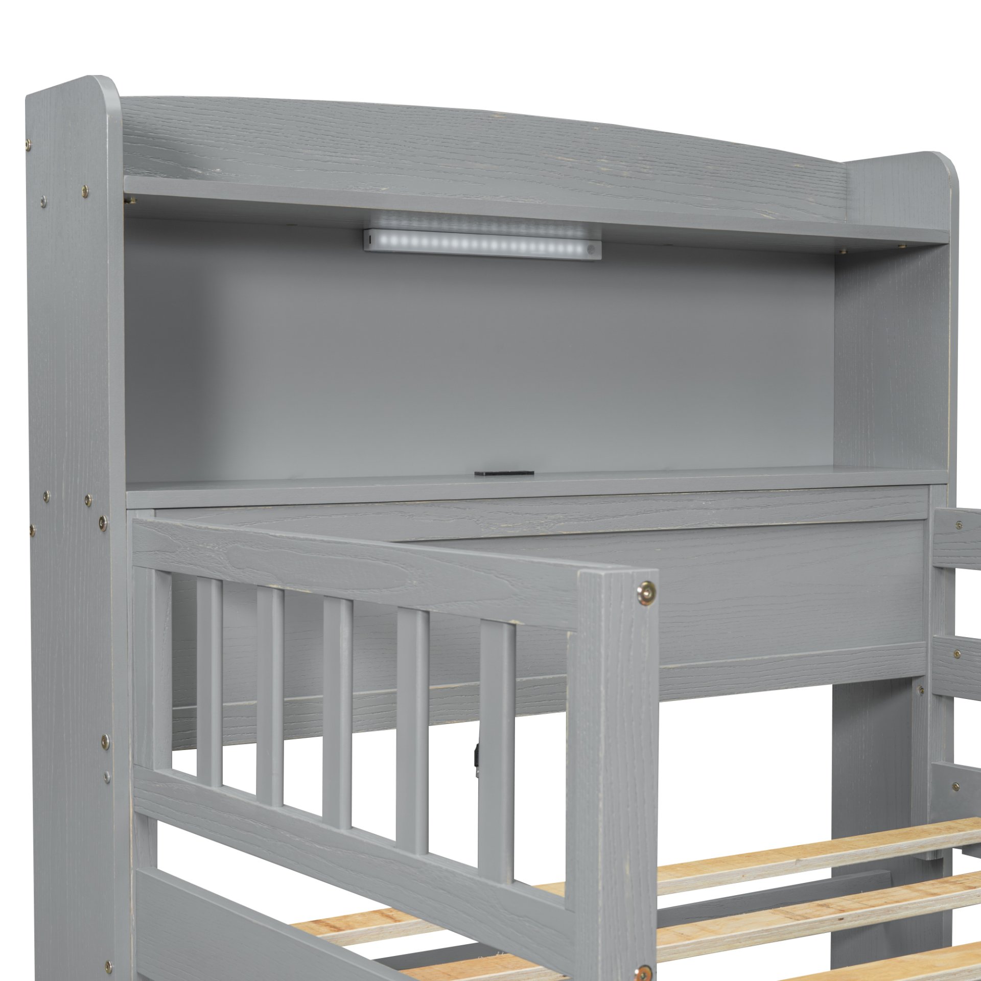 Twin Size Platform Bed With LED Light, Multi Functional Headboard, Guardrail And 2 Drawers - Gray - Image 9