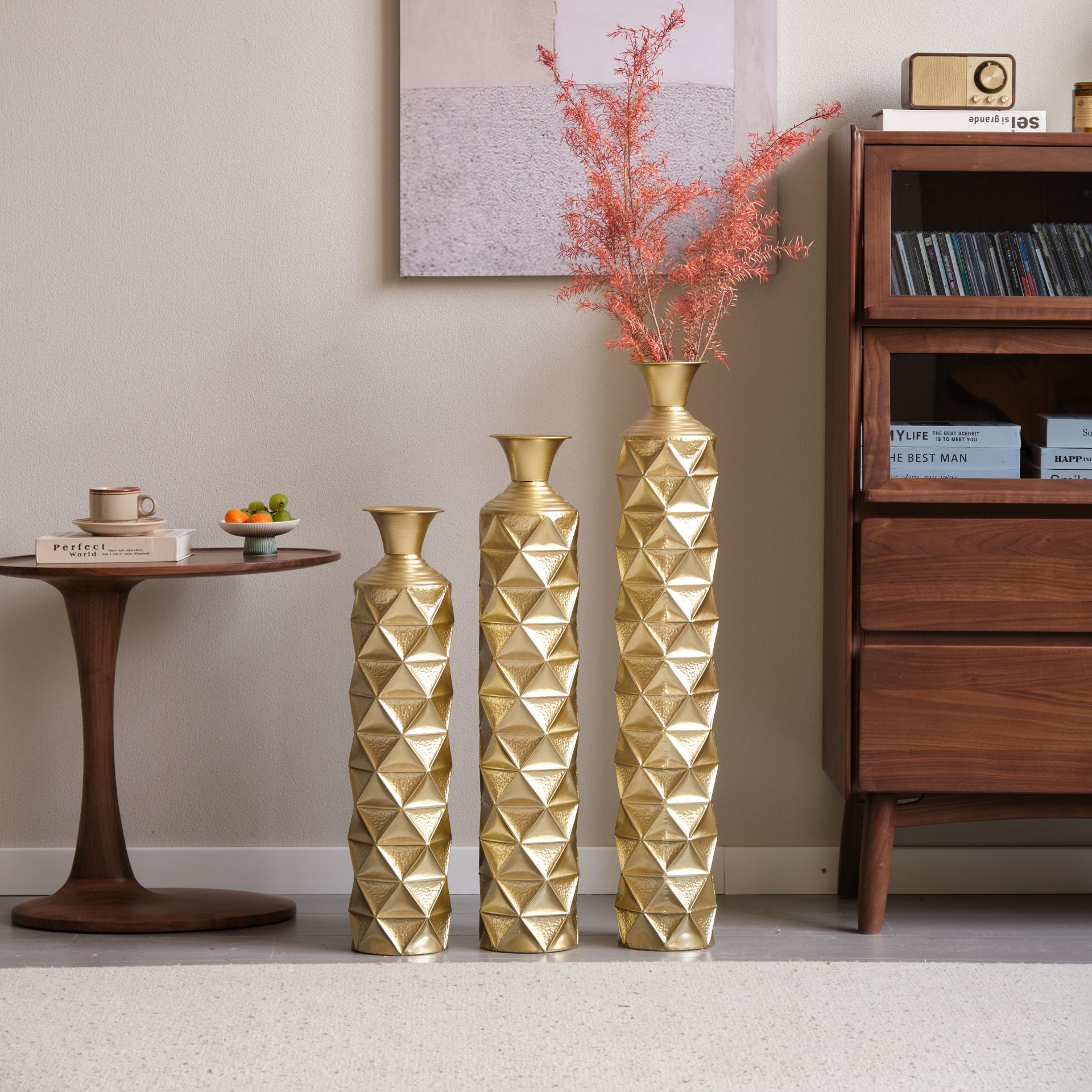 Metal Decorative Vase High Distress Metal Center Vase With 3D Triangle Pattern, (Set of 3) Vases For Home Decoration - Gold - Image 17