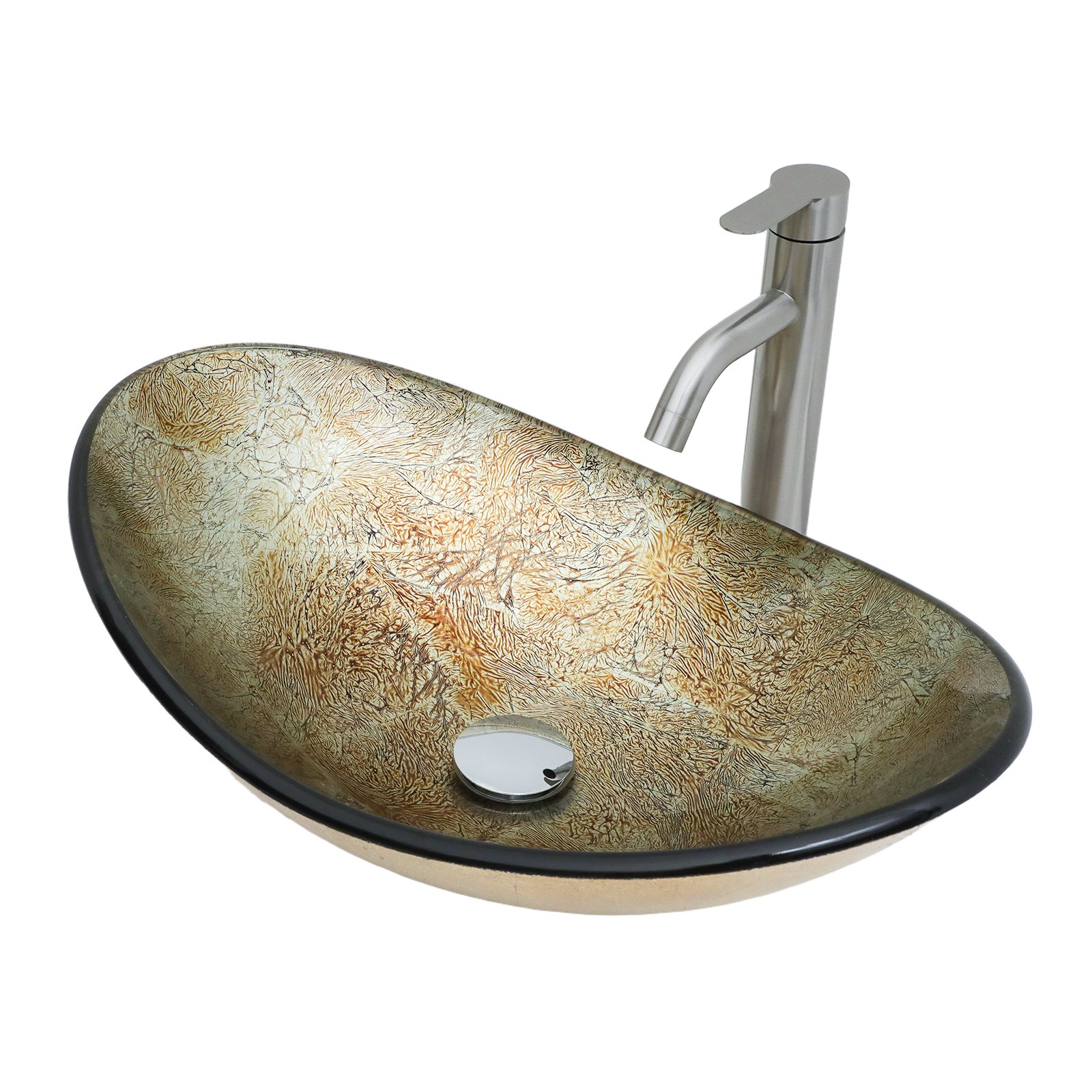 Vessel Sink With Chrome Pop Up Drain, Boat Shape Bathroom Sink Above Counter - Gold - Image 7