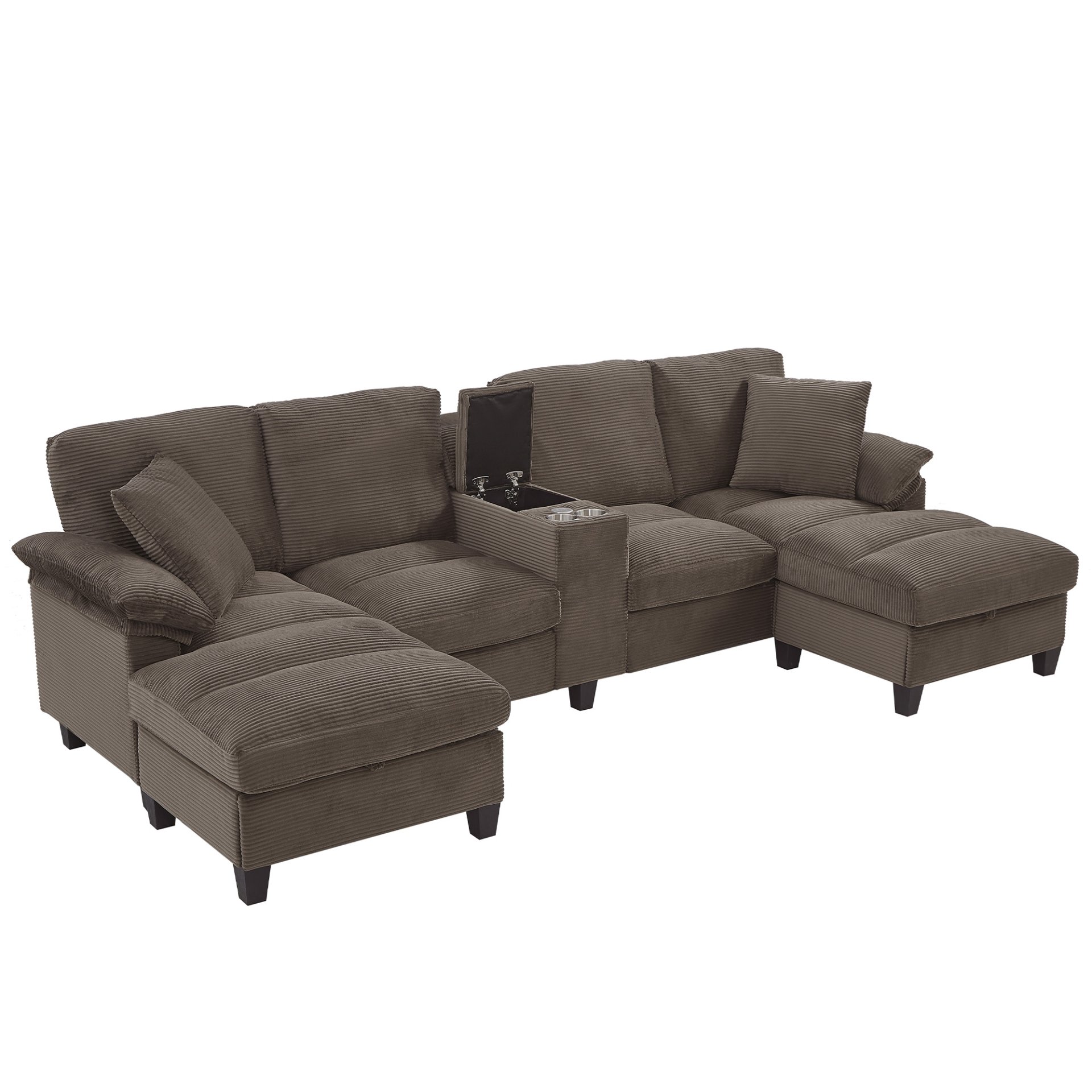 U-Shaped Sectional Sofa, Hidden Storage Ottomans, USB Ports, And Cup Holders - Brown - Image 7