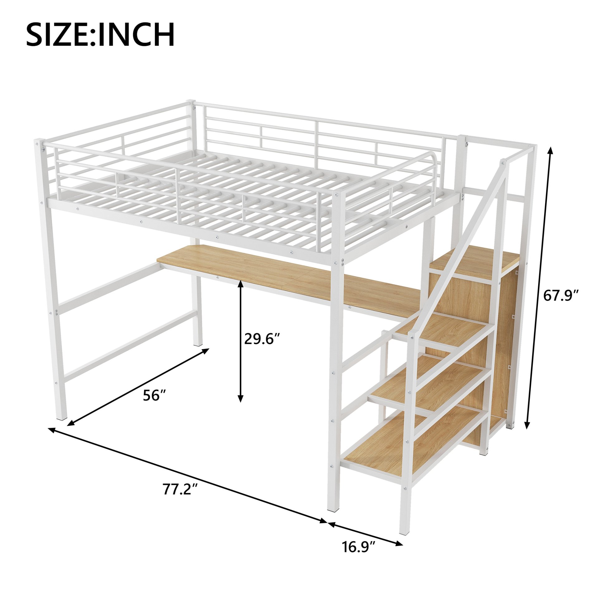 Full Size Loft Bed With Desk, Storage Staircase, Small Wardrobe And LED Light - White - Image 3