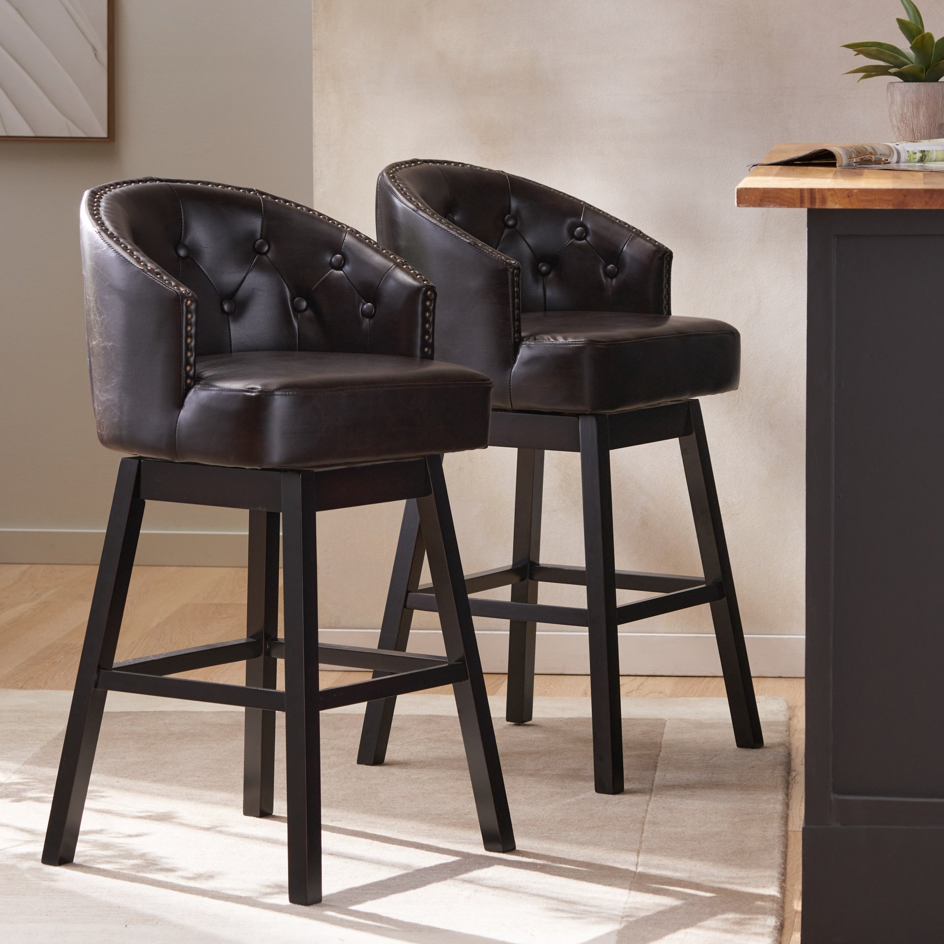 360 Degree Swivel Bar Stool With Stunning Nailhead Trim (Set of 2) - Brown - Image 2