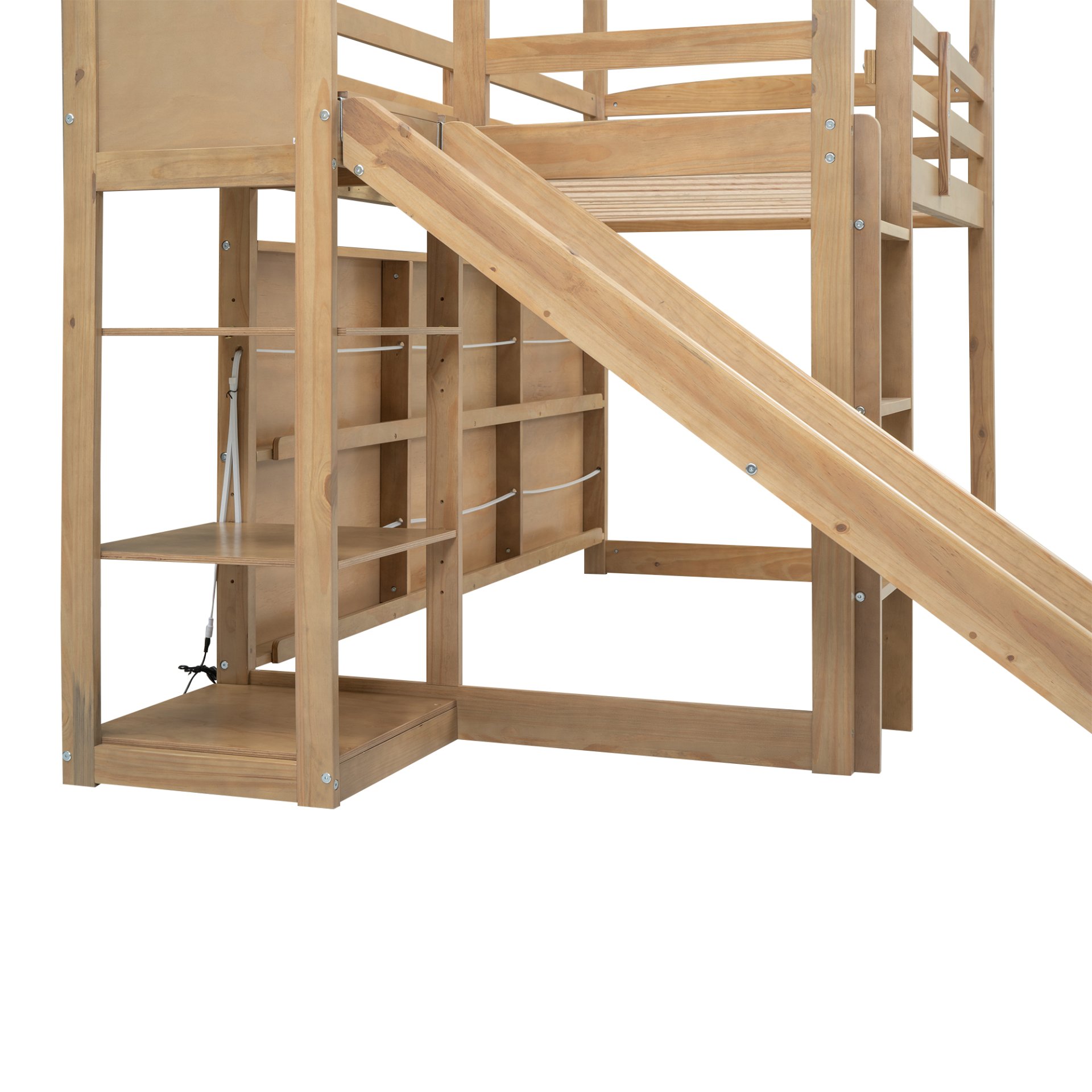 Twin Size House Loft Bed With Slide, Storage Shelves And Light, Climbing Ramp - Wood - Image 13