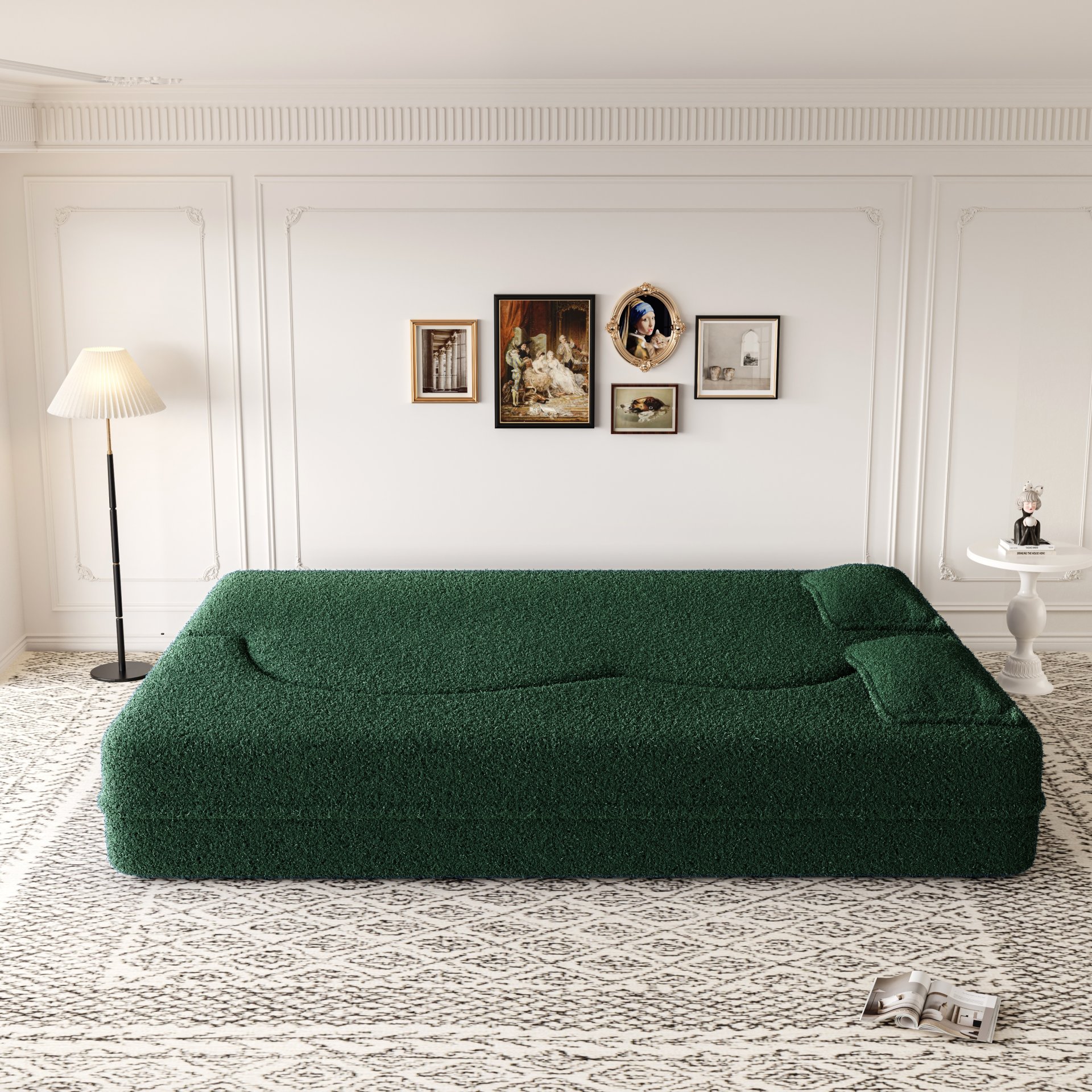 Modern Floor Sofa With 2 Pillows, Convertible Teddy Fabric Foam Filled Sleeper Sofa Bed, Full Size Folding Mattress For Living Room Guest Bed, Playroom, No Assembly Required - Green - Image 5