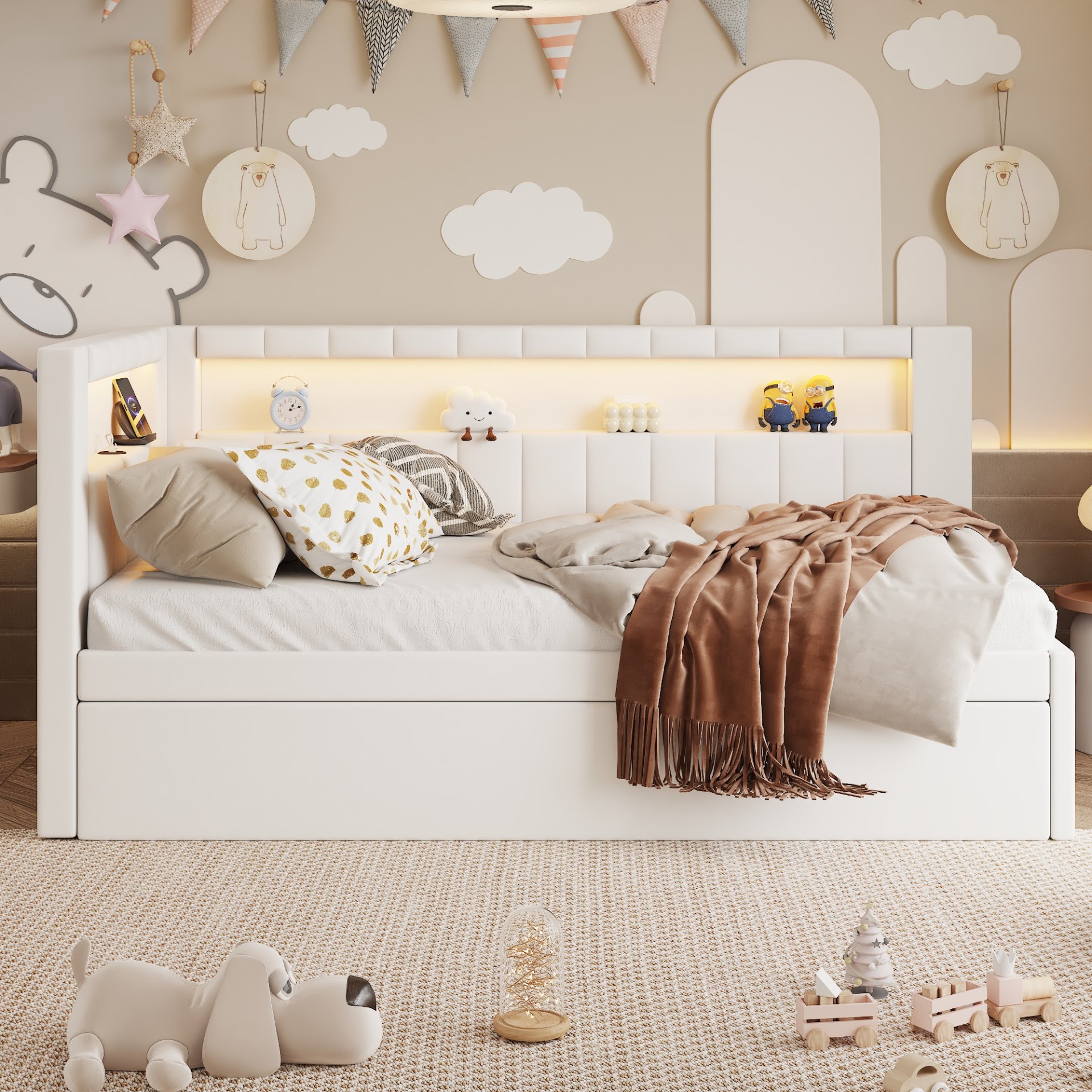 Twin Upholstered Platform Bed With USB Ports And LED Belt, Includes Trundle - White - Image 4