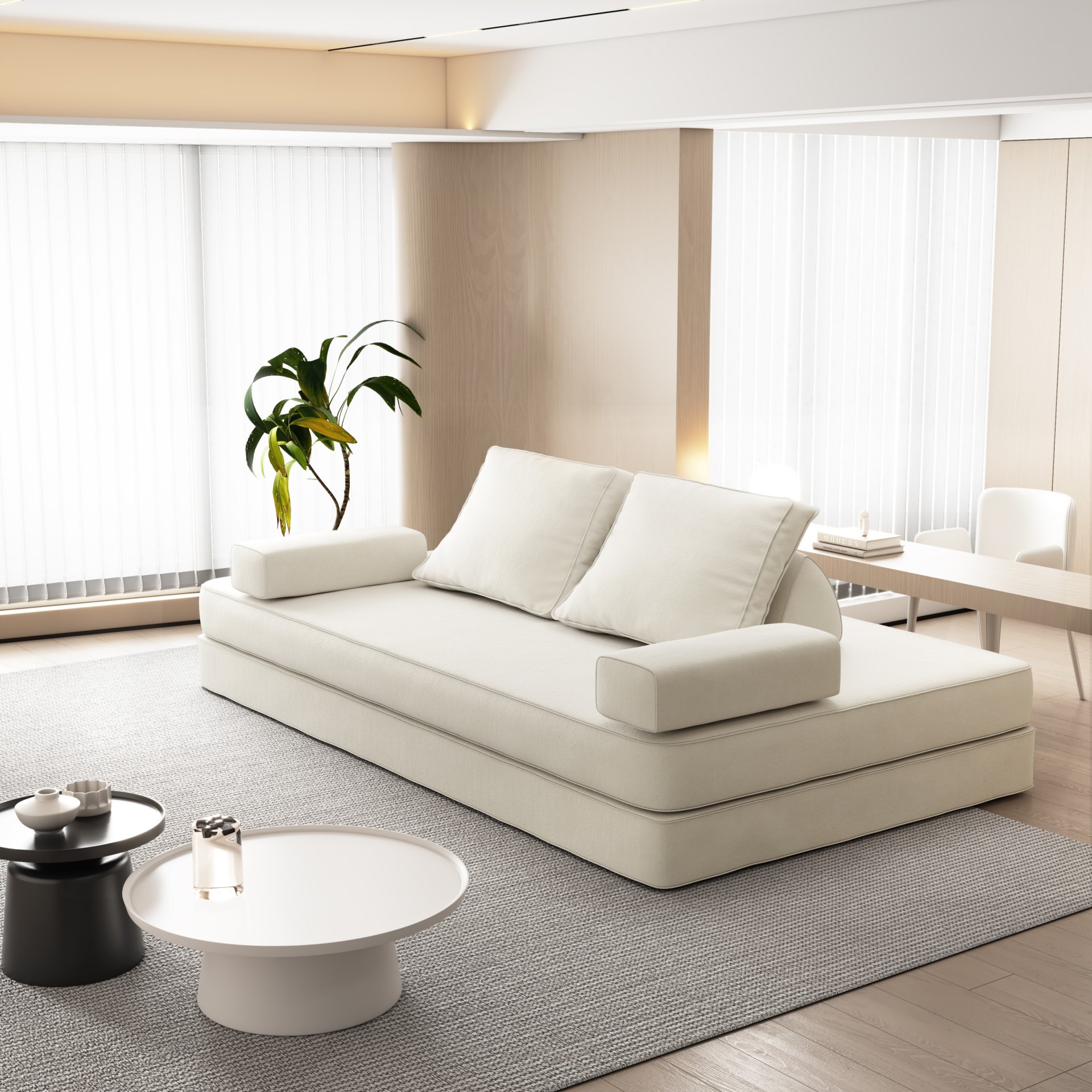 Multifunctional Convertible Sofa Bed With 2 Tumbler Backrests And 2 Pillows, Diy Modern Upholstered Couch - Beige - Image 10