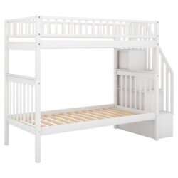 Twin Over Twin Bunk Bed With Trundle And Storage - White