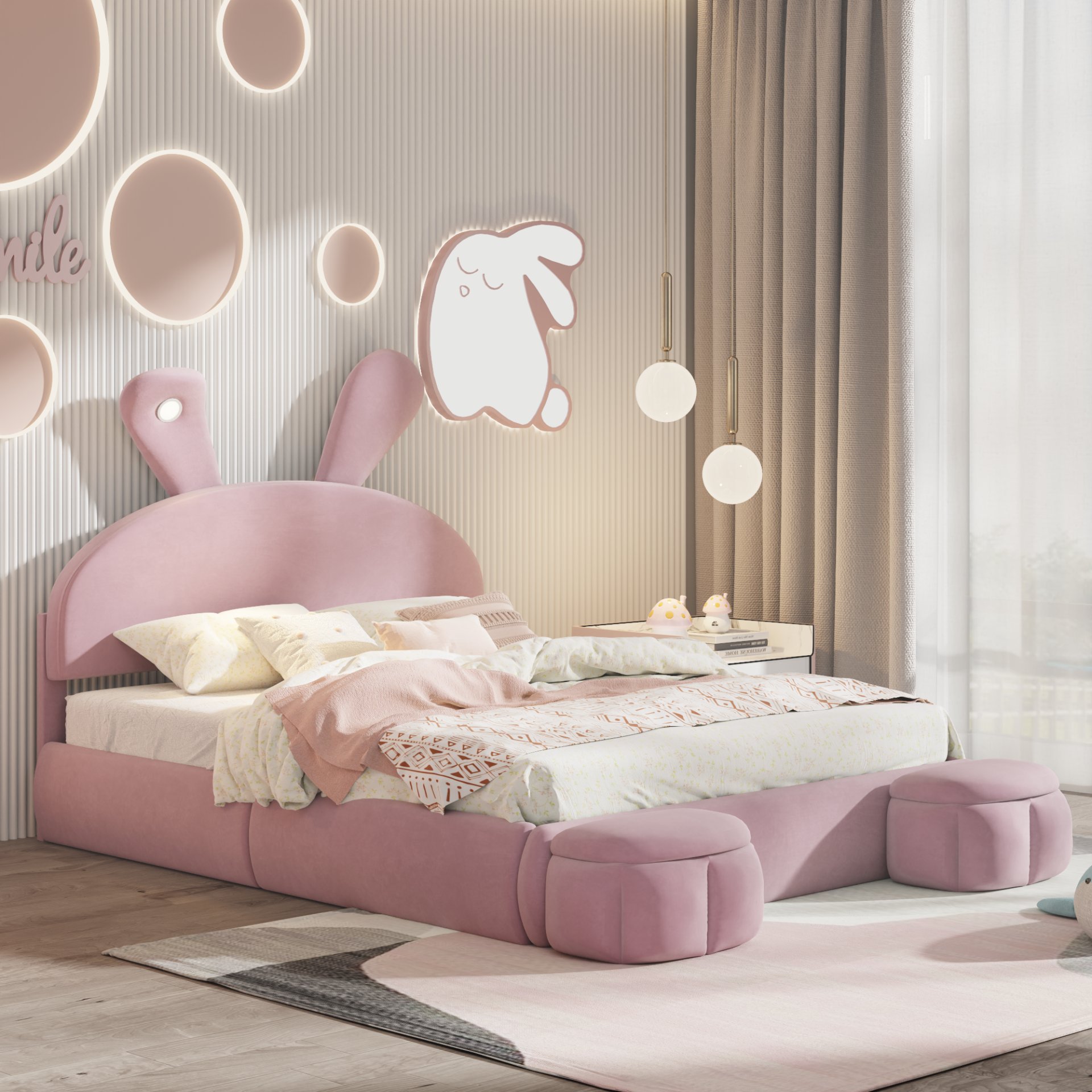 Full Size Upholstered Platform Bed With Cartoon Ears Headboard And Built In LED Light - Pink - Image 5