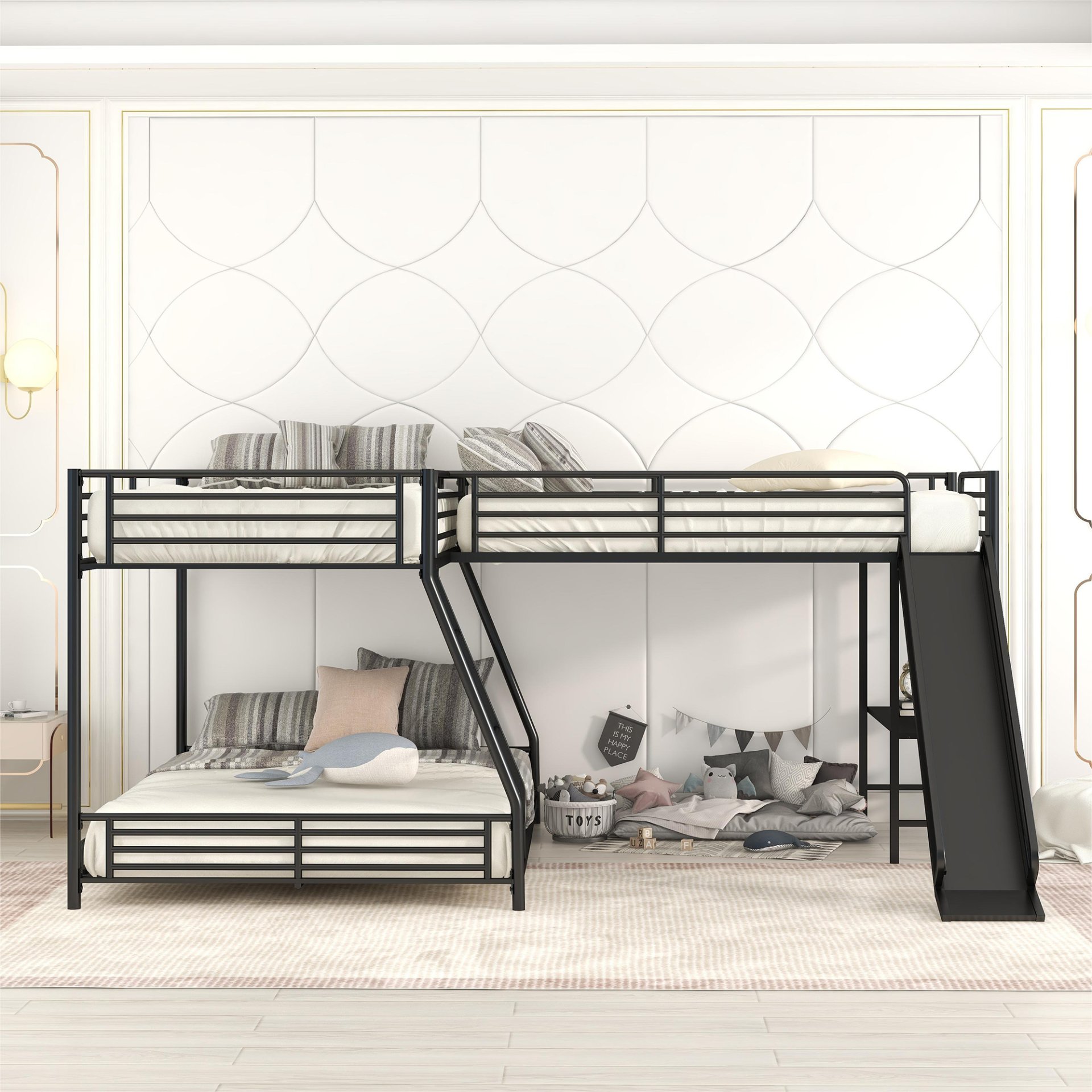 L-Shaped Twin Over Full Bunk Bed With Twin Loft, Built In Desk And Slide - Black - Image 5