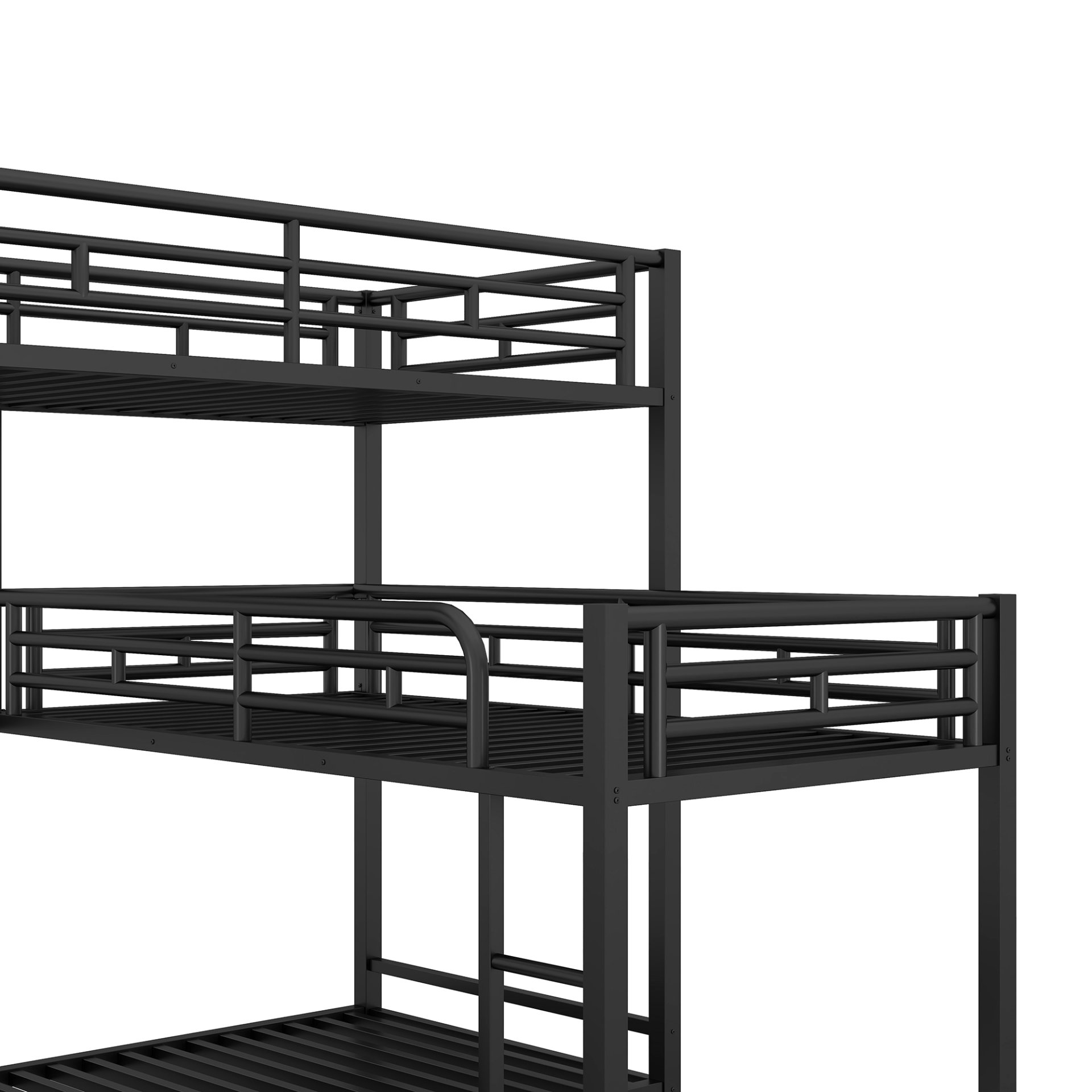 L-Shaped Triple Twin Size Bunk Bed, Industrial Design With Integrated Ladder And Full Length Guardrails - Black - Image 8