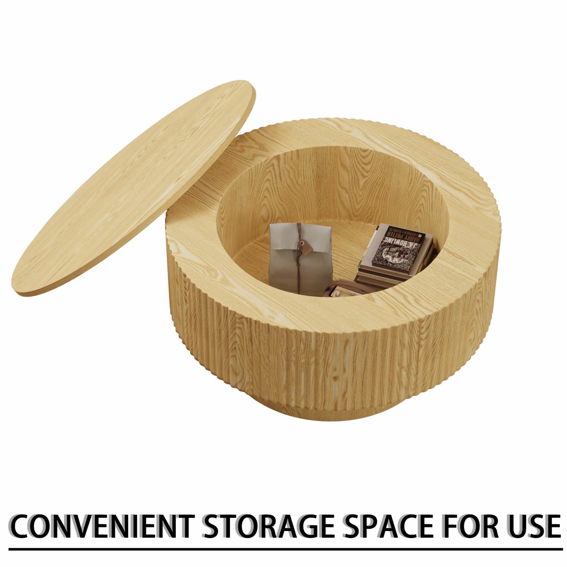 Circular Coffee Table With Stripe Design And Storage Space - Natural Wood - Image 14