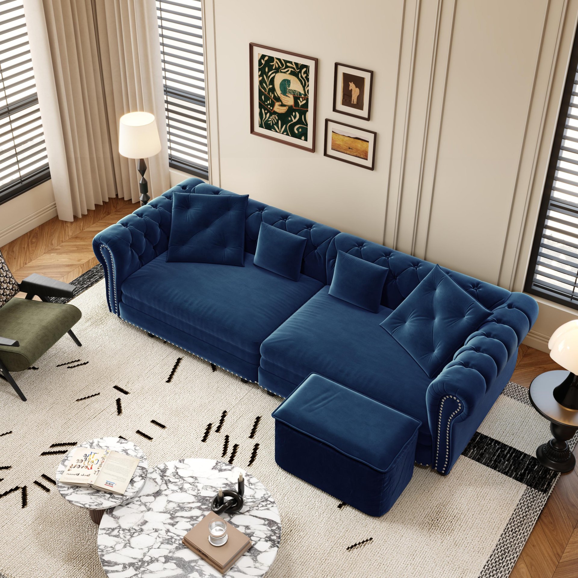 3 In 1 Pull Out Sofa Bed, Convertible Sleeper Sofa Bed, 3 Seater Sofa With Movable Ottoman - Blue - Image 4