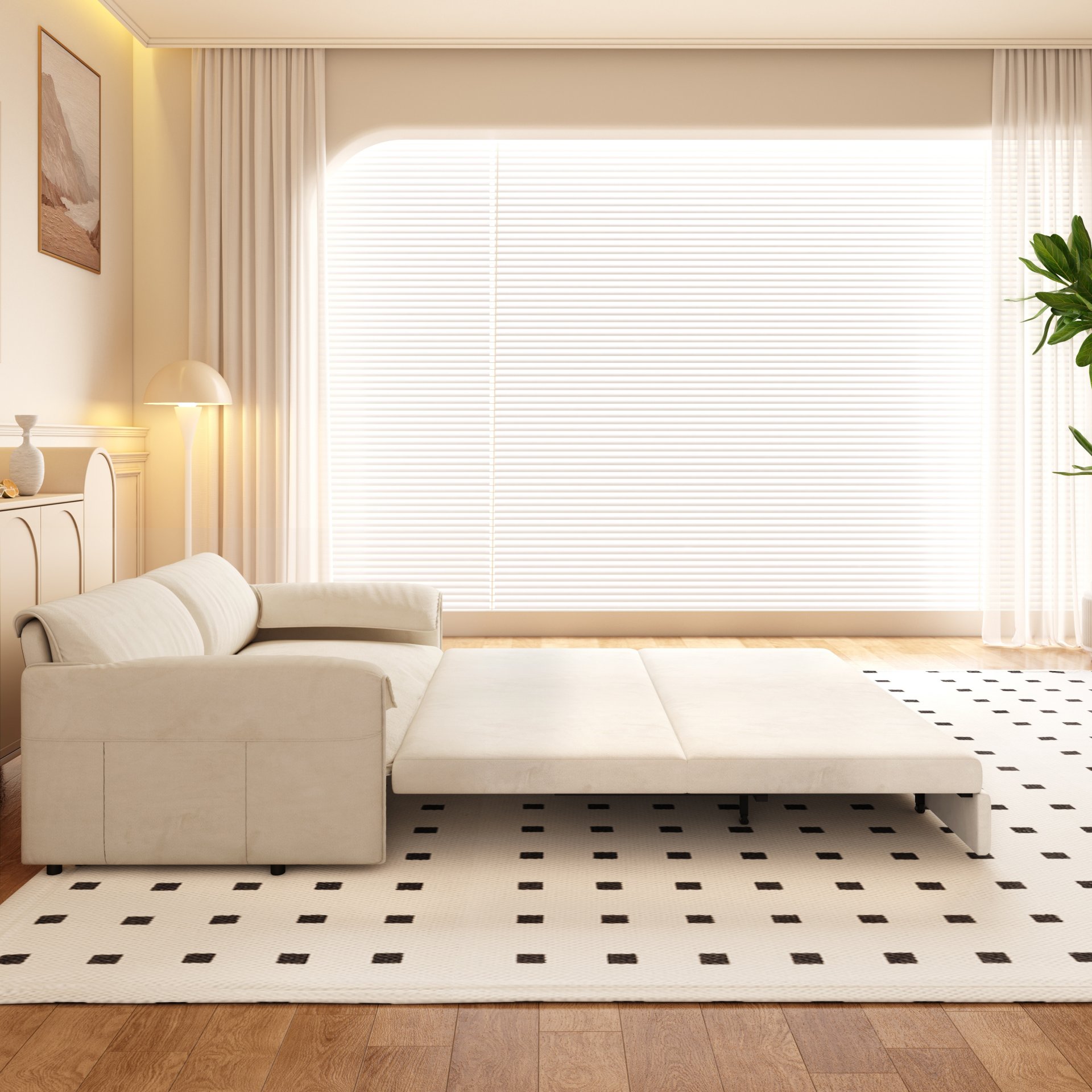 Queen Pull Out Sofa Bed, 3 In 1 Convertible Sleeper Sofa With Side Storage - Beige - Image 6