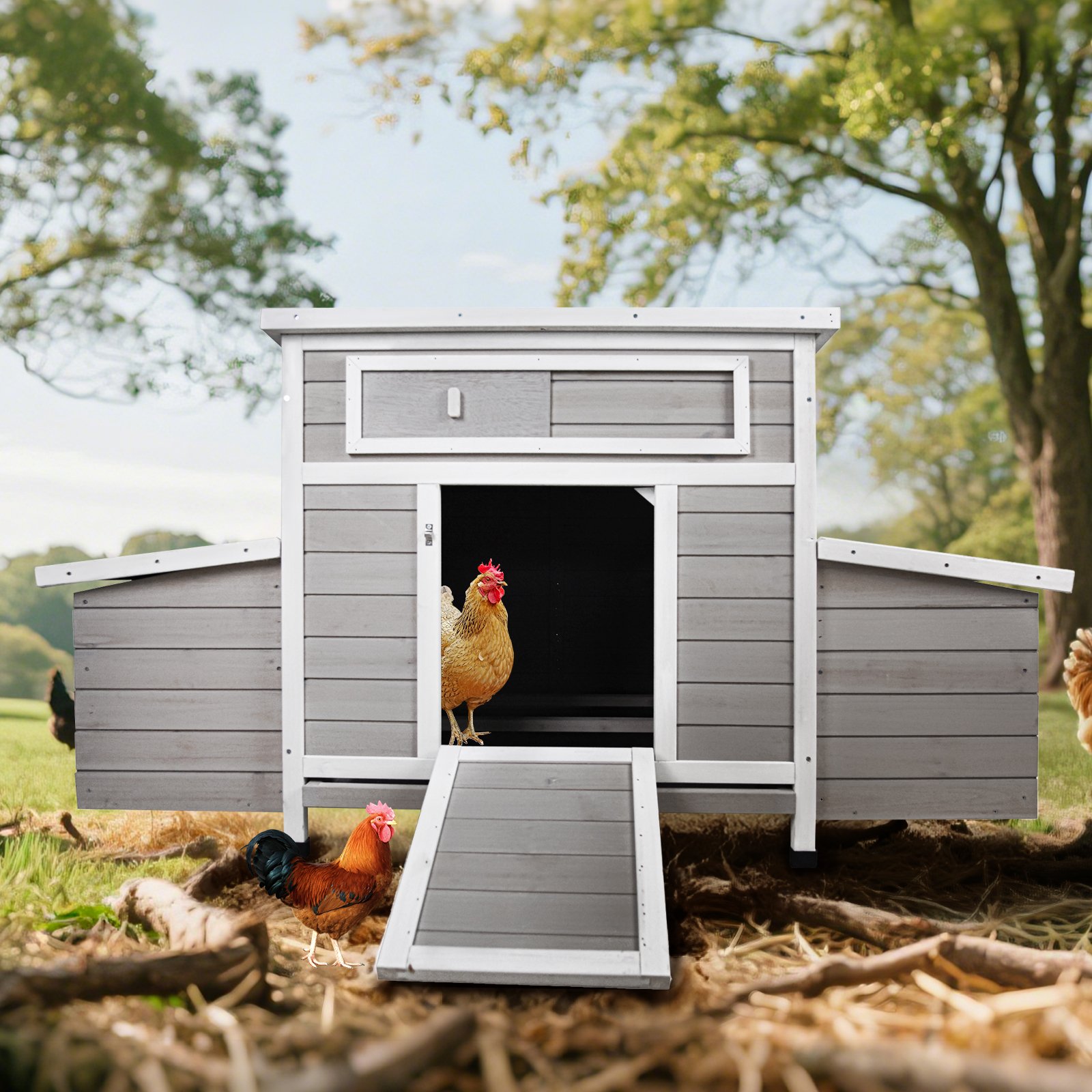 Large Chicken Coop Outdoor Hen House With 2 Sides Nesting Boxes - Gray / White Matte - Image 8