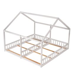 Twin Size House Platform Beds, 2 In 1 Shared Design With Guardrails - White