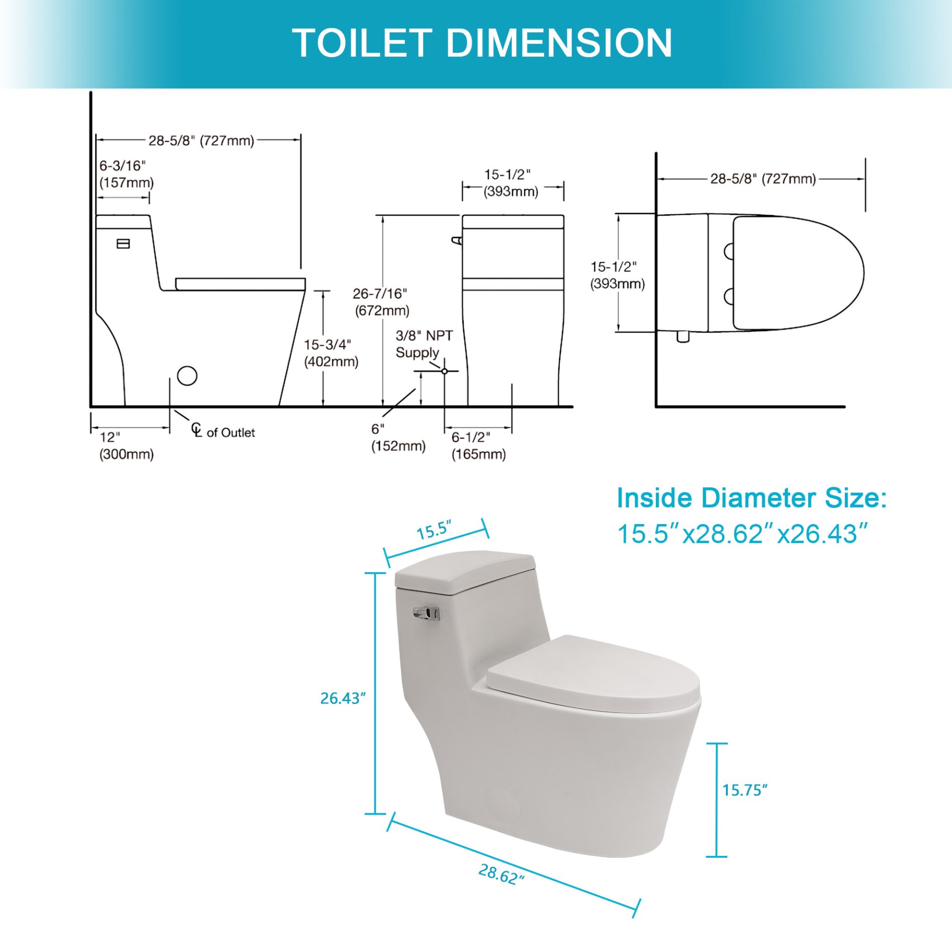 1 Piece Toilet With Soft Closing Seat - White - Image 3