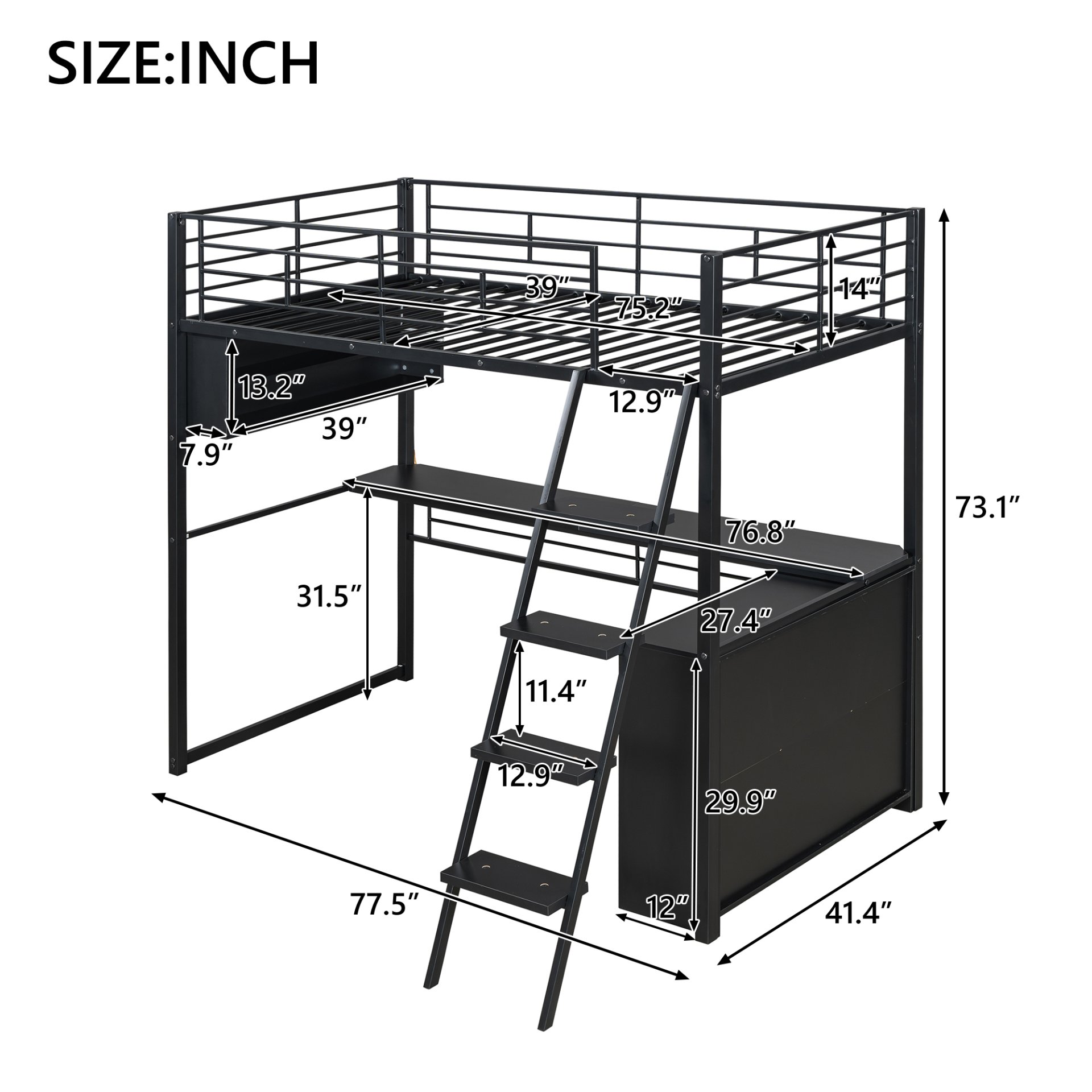 Twin Size Loft Bed With LED Desk And 4 Storage Shelves - Black - Image 3
