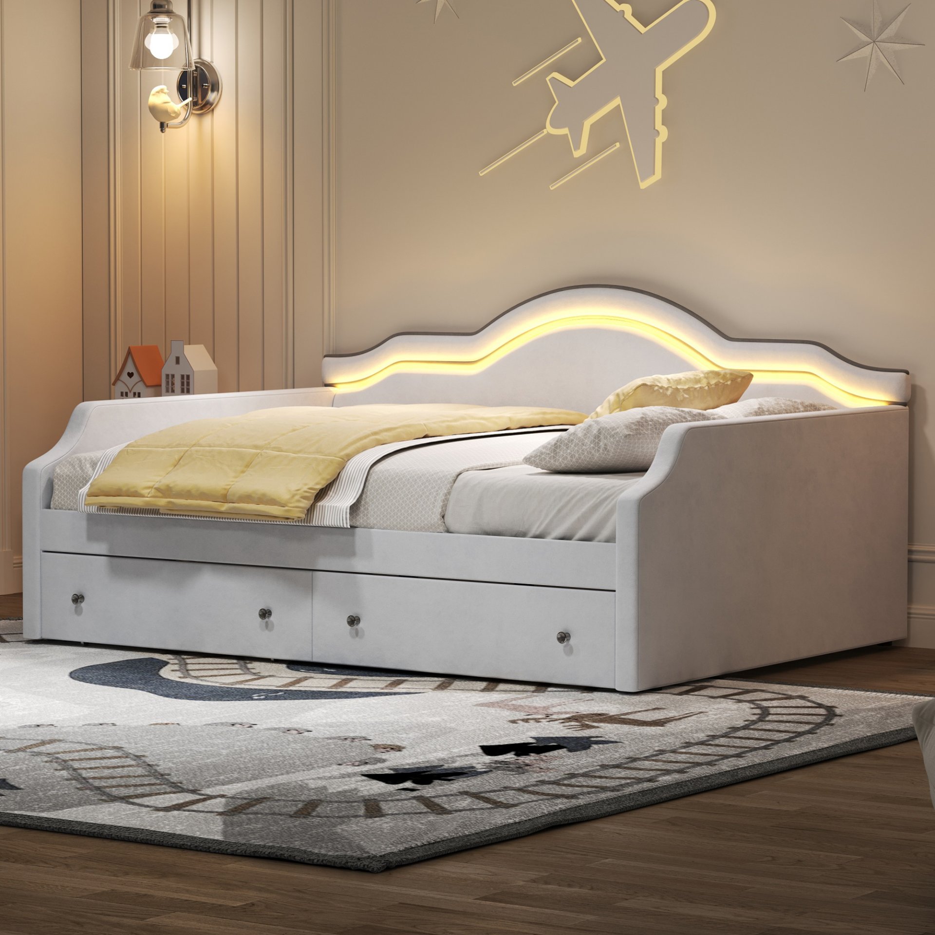 Full Size Upholstered Daybed With LED Lights And 2 Drawers - Beige - Image 4
