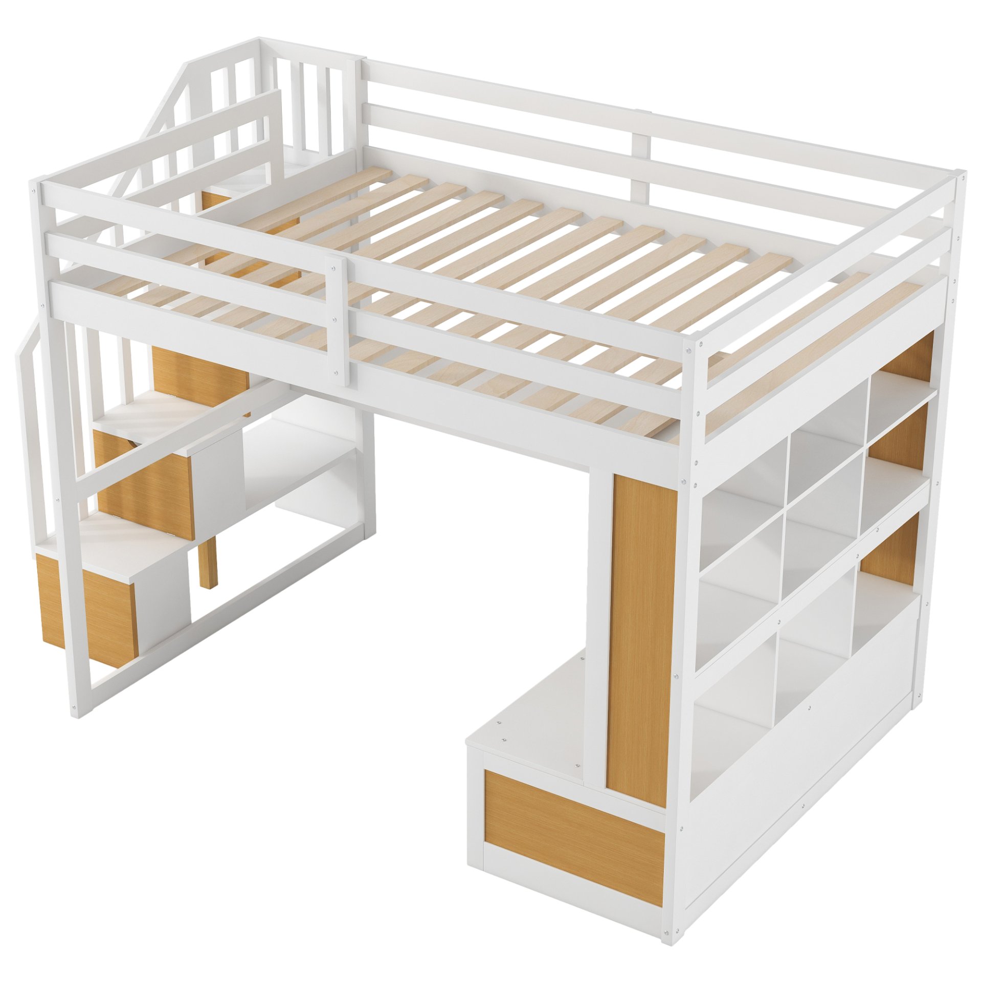 Full Size Loft Bed With Desk And Shelves, 2 Built In Drawers, Storage Staircase - Natural / White - Image 11