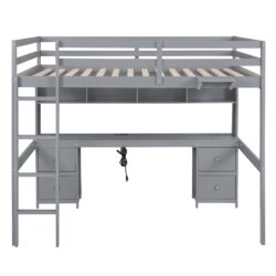 Full Size Loft Bed With Built In Desk, Storage Cabinets, Drawers, Charging Station, And Bedside Tray - Gray