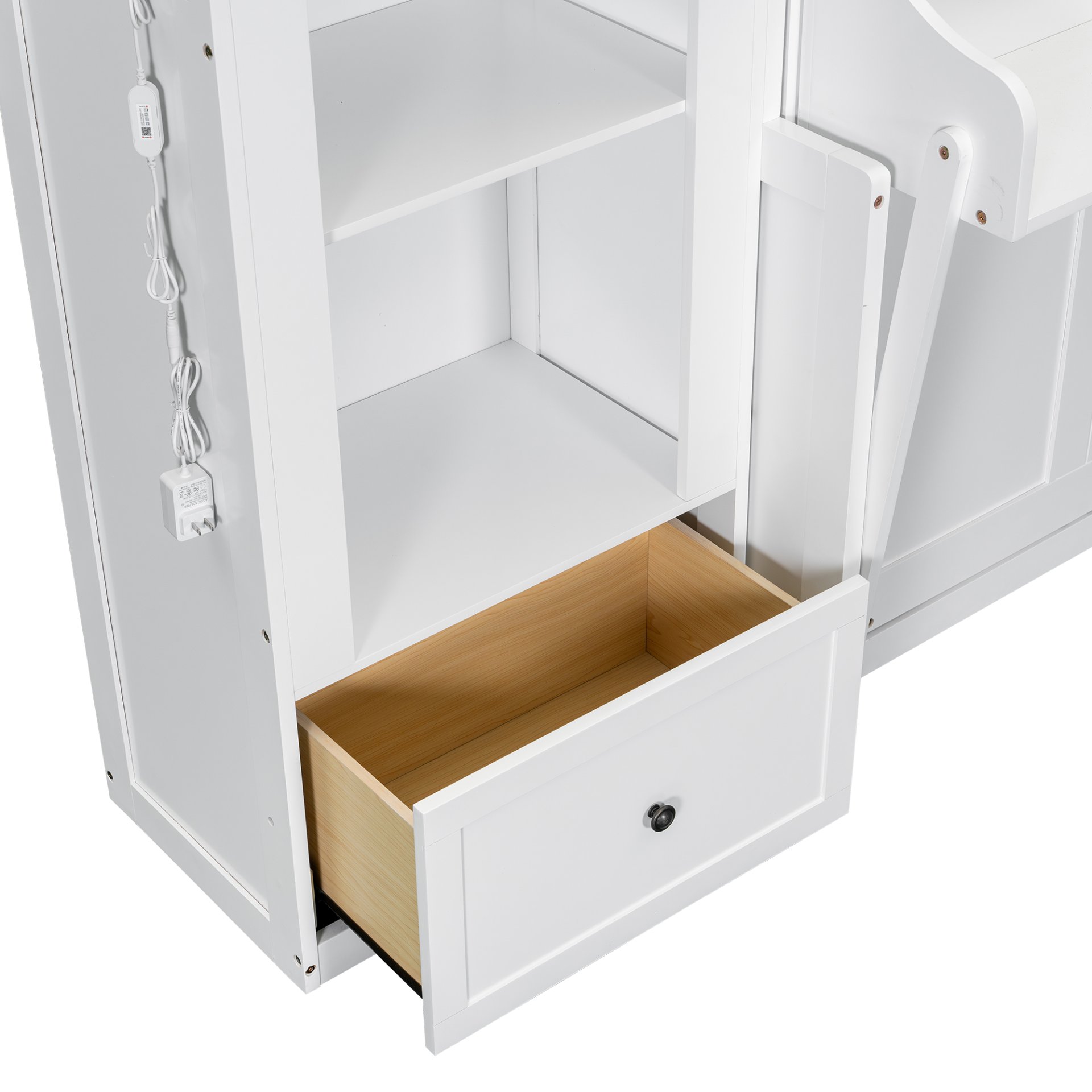 Queen Size Murphy Platform Bed With Shelf, Side Cabinets, Drawers And LED - White - Image 8