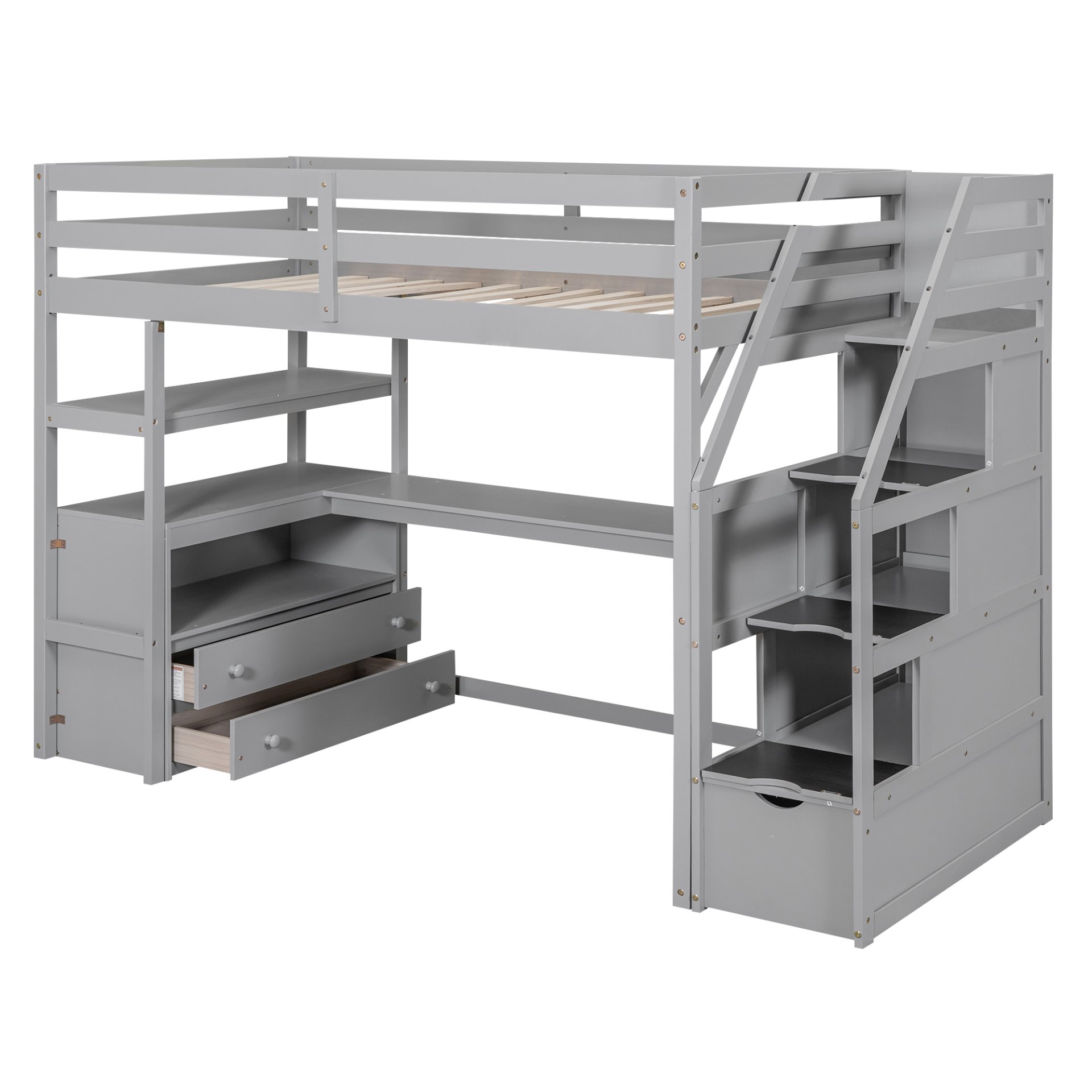 Twin Size Loft Bed With Built In Desk, Shelves, Drawers, And Storage Staircase - Gray - Image 10