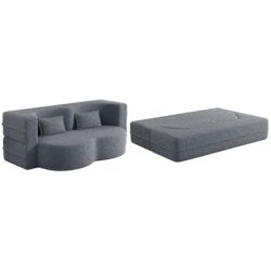 Modern Floor Sofa, With 2 Pillows, Convertible Teddy Fabric Foam Filled Bed, Full Size Folding Mattress, Suitable For Living Room Guest Room, Game Room - Gray