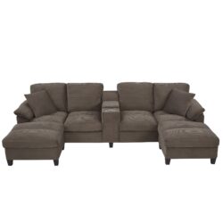 U-Shaped Sectional Sofa, Hidden Storage Ottomans, USB Ports, And Cup Holders - Brown