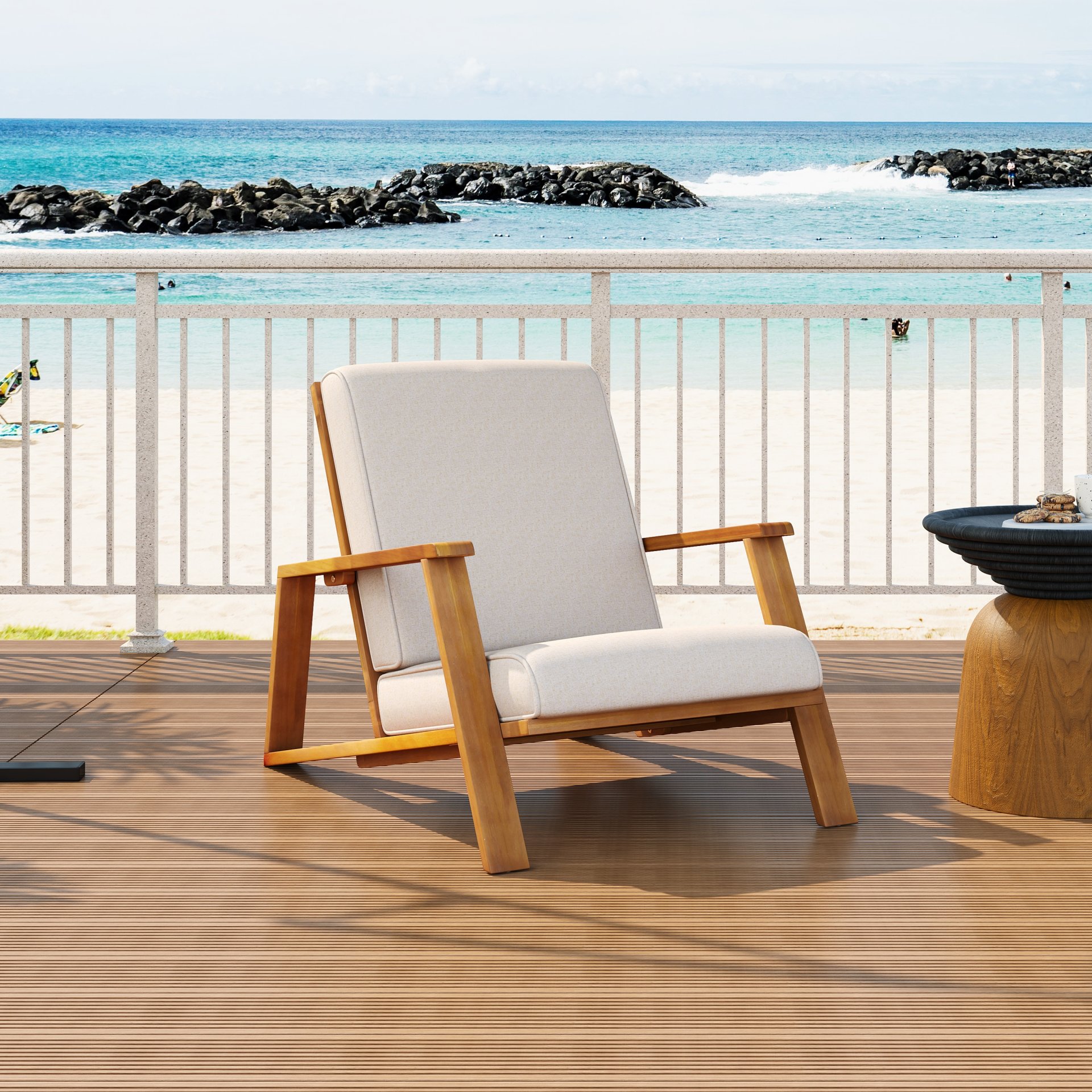 Outdoor Patio Lounge Chair - Teak / Beige - Image 4