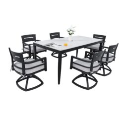 7 Piece Modern Outdoor Patio Dining Set With Table And Swivel Chairs Rockers With Sunbrella Cushions - Ember Black / White