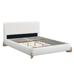 Queen Size Upholstered Bed With 12 Slats Support - White