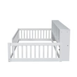 Twin Long Floor Bed With Storage Cabinets And USB Ports - White