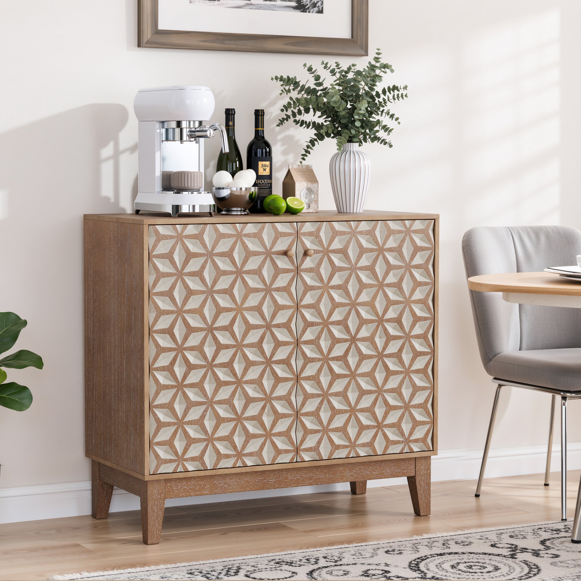Geometric Design Sideboard With 2 Doors And Adjustable Shelves - Tangerine / Walnut - Image 4