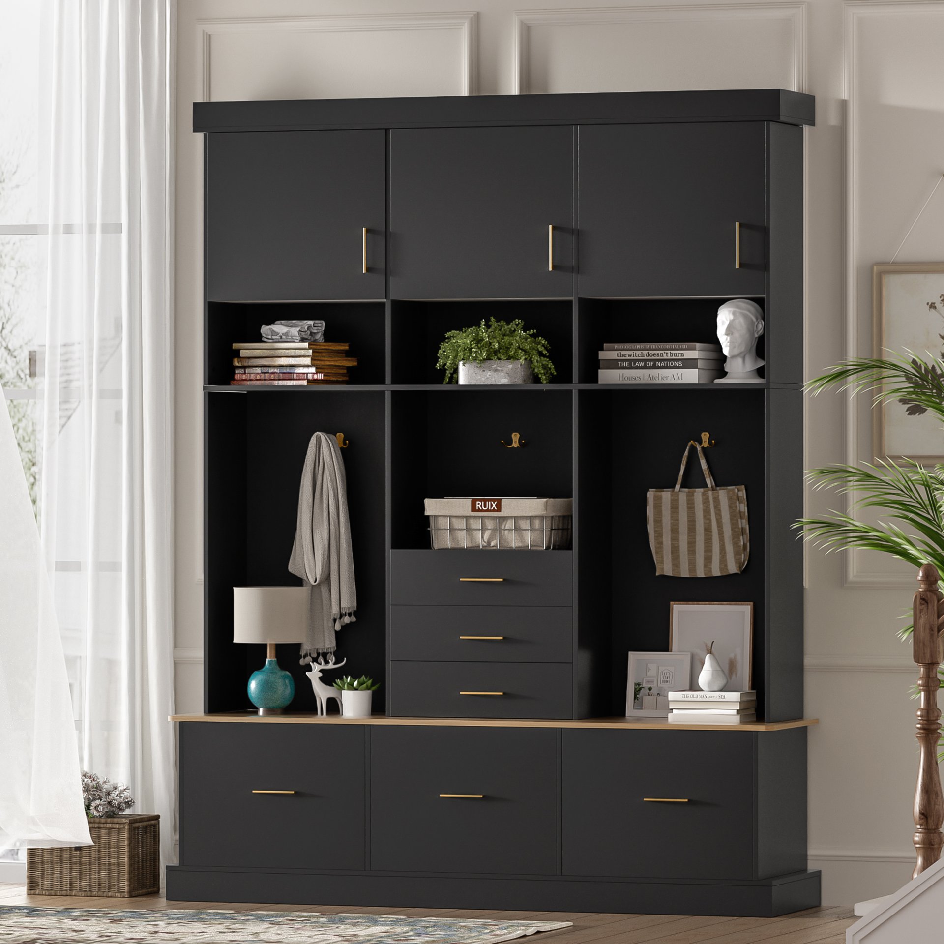 Entryway Hall Tree With Bench And Storage, 5 In 1 Coat Rack, 6 Drawers, 3 Cabinets And 3 Tier Top Storage - Black - Image 4