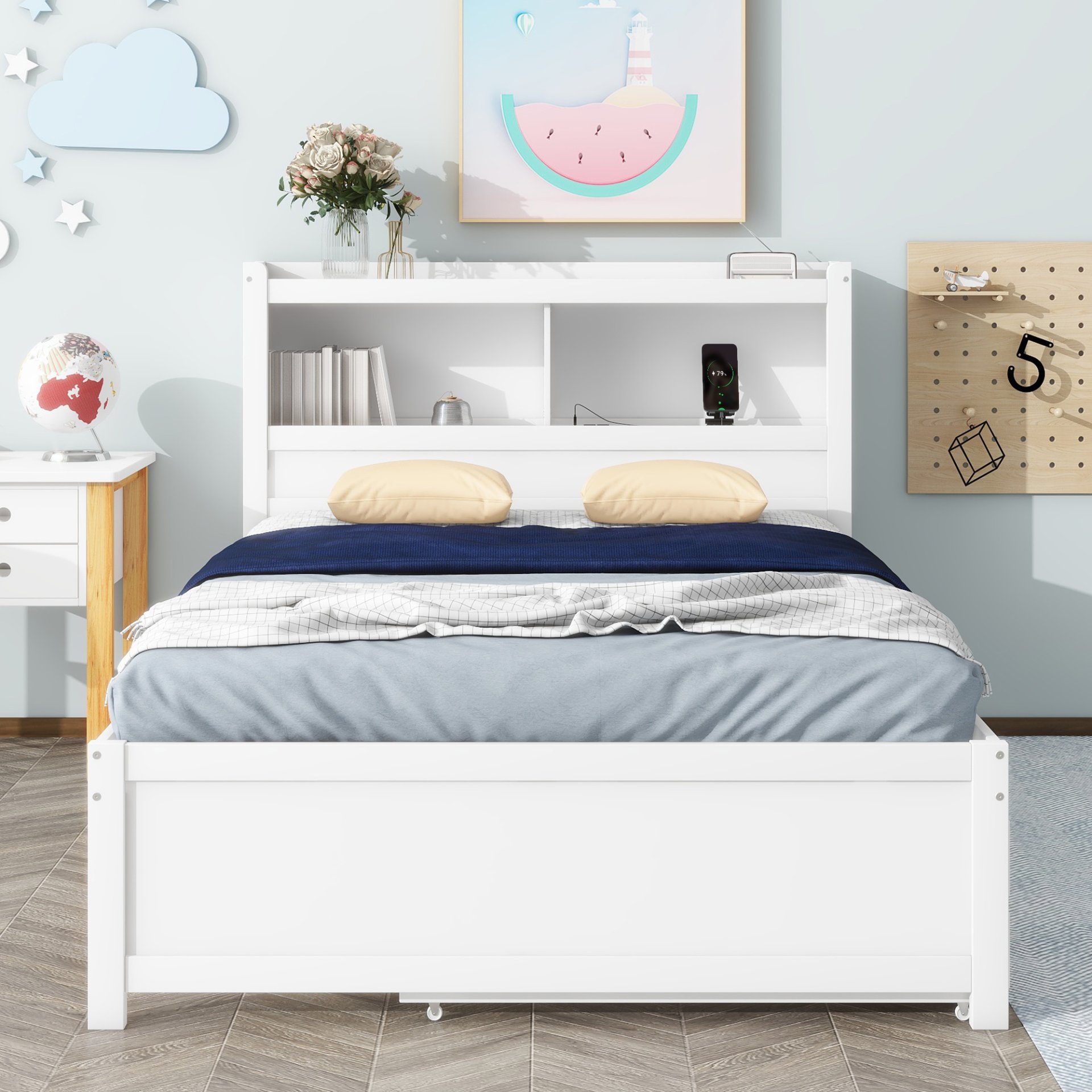 Full Size Platform Bed With Trundle, Drawers, USB Ports And Built In Shelves - White - Image 6