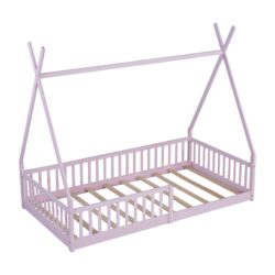 Twin Size House Bed With Fence - Pink
