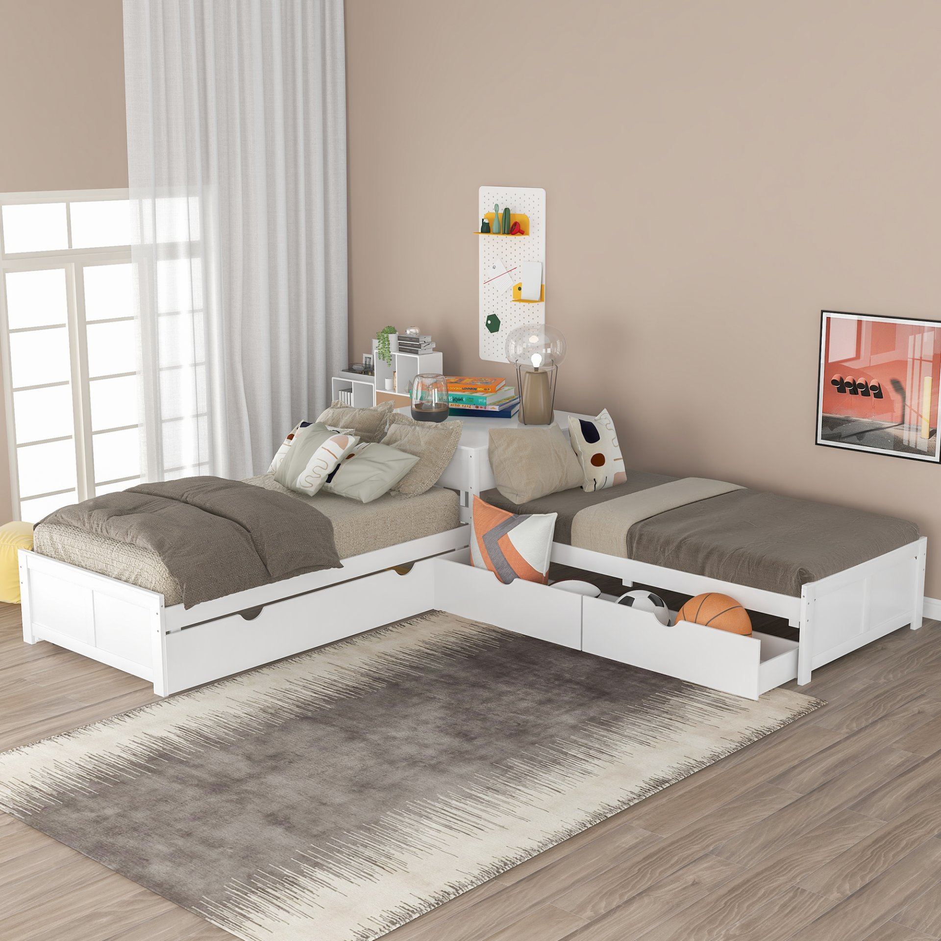 L-Shaped Platform Bed With Trundle And Drawers Linked With Built In Desk, Twin - White - Image 4