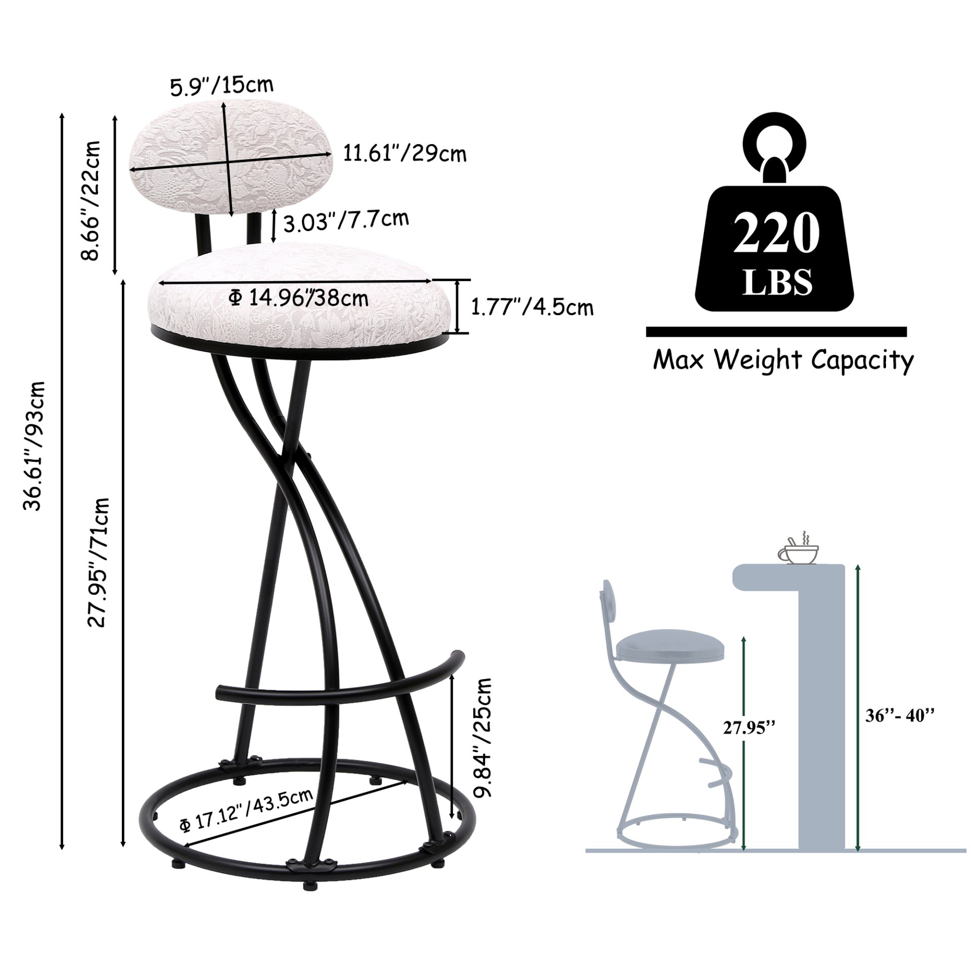 Round Print Bar Stools (Set of 2) Metal Upholstered Chairs For Kitchen Island & Dining Rooms - Black & White Print - Image 3