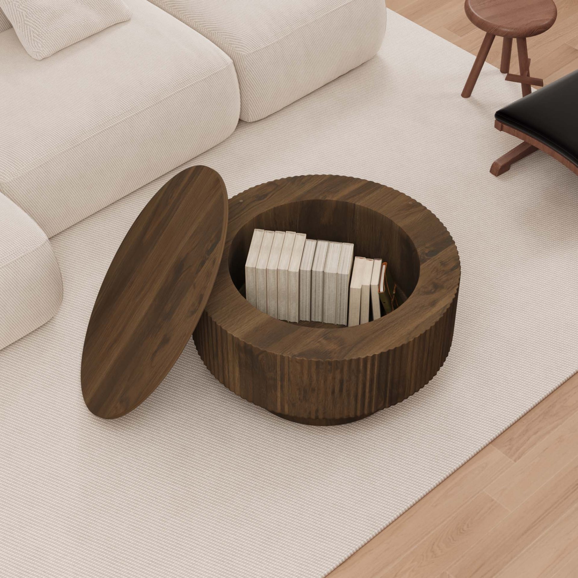 Circular Coffee Table With Stripe Design And Hidden Storage - Walnut - Image 6