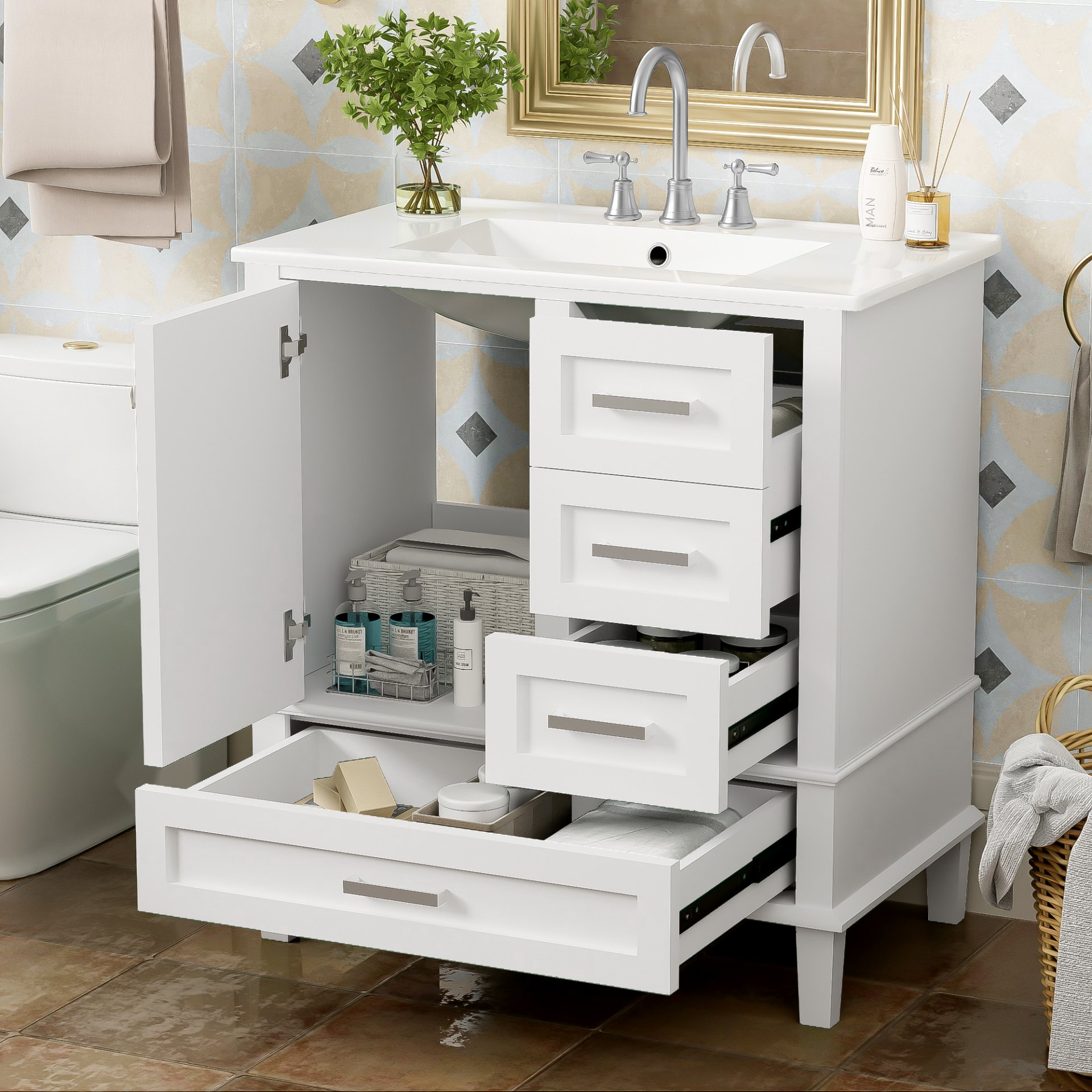 Bathroom Vanity, Modern Bathroom Cabinet With Sink Combo Set, Bathroom Storage Cabinet With A Soft Closing Door And 3 Drawers, Solid Wood Frame - White - Image 20