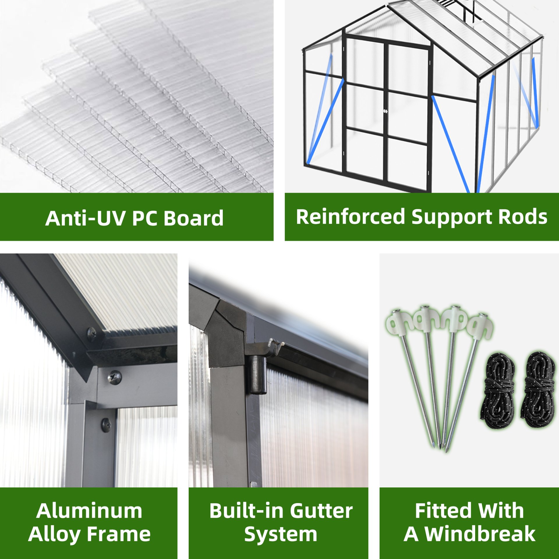 Frame Greenhouse 8 X 10 Ft Polycarbonate Heavy Duty Walk In Garden Greenhouse For Backyard In All Seasons - Black - Image 6