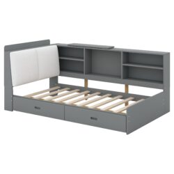 Twin Size Platform Bed With Storage Headboard, Shelves And 2 Drawers - Antique Gray