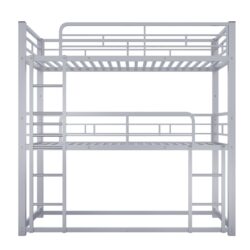 Twin Size Triple Bunk Bed Sturdy 3 Bed Stack With Dual Ladders, Heavy Duty Steel Frame, Space Saving Design - Silver