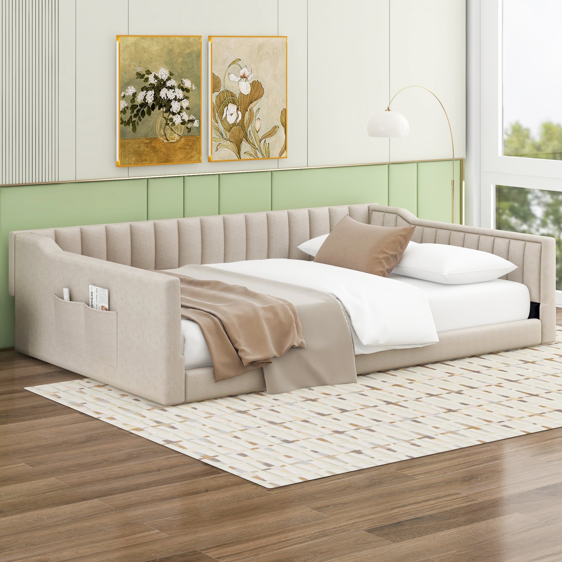 Full Long Upholstered Daybed With Side Storage And Tapered Legs - Beige - Image 4