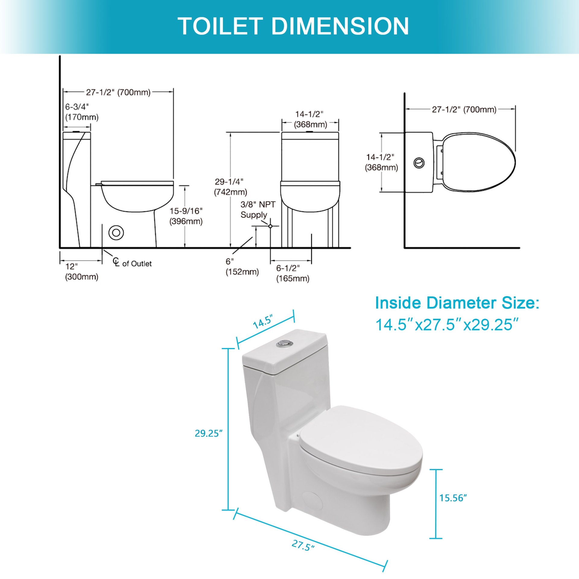 1 Piece Toilet With Dual Flush And Soft Closing Seat - White - Image 3