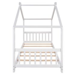 Twin Size House Platform Bed With Headboard And Footboard, Roof Design - White